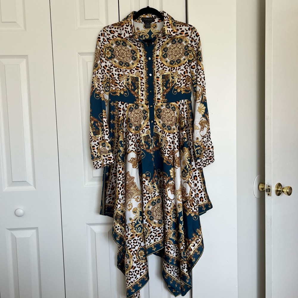 Garcia Elegant Teal and Gold Patterned Dress size small